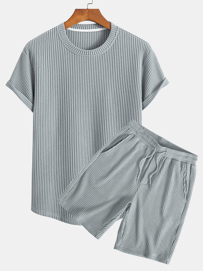 Knitted Waffle Arc Hem T-Shirt & Drawstring Waffle Shorts