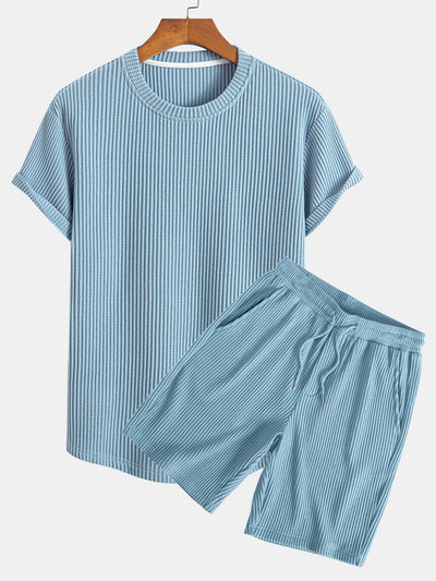 Knitted Waffle Arc Hem T-Shirt & Drawstring Waffle Shorts