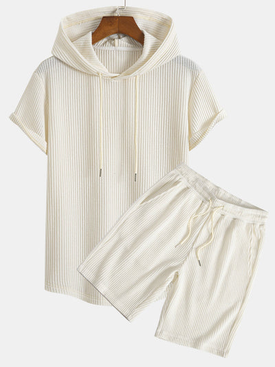 Knitted Waffle Arc Hem Hooded T-Shirt & Drawstring Waffle Shorts