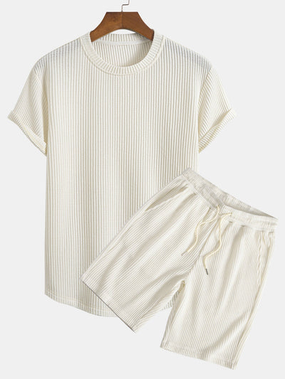 Knitted Waffle Arc Hem T-Shirt & Drawstring Waffle Shorts