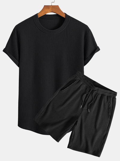 Knitted Waffle Arc Hem T-Shirt & Drawstring Waffle Shorts