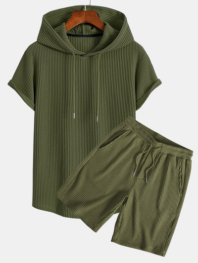 Knitted Waffle Arc Hem Hooded T-Shirt & Drawstring Waffle Shorts