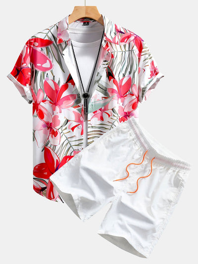 Flower Plants Print Button Up Shirt & Swim Shorts