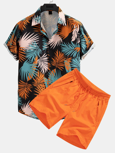 Leaf Print Button Up Shirt & Man Mid Length Drawstring Swim Shorts