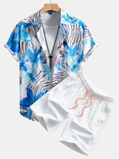 Flower Plants Print Button Up Shirt & Swim Shorts