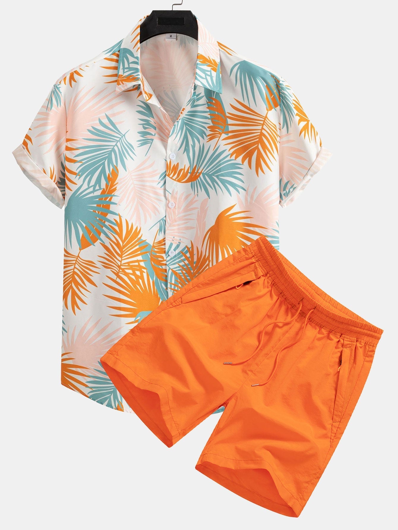 Leaf Print Button Up Shirt & Man Mid Length Drawstring Swim Shorts