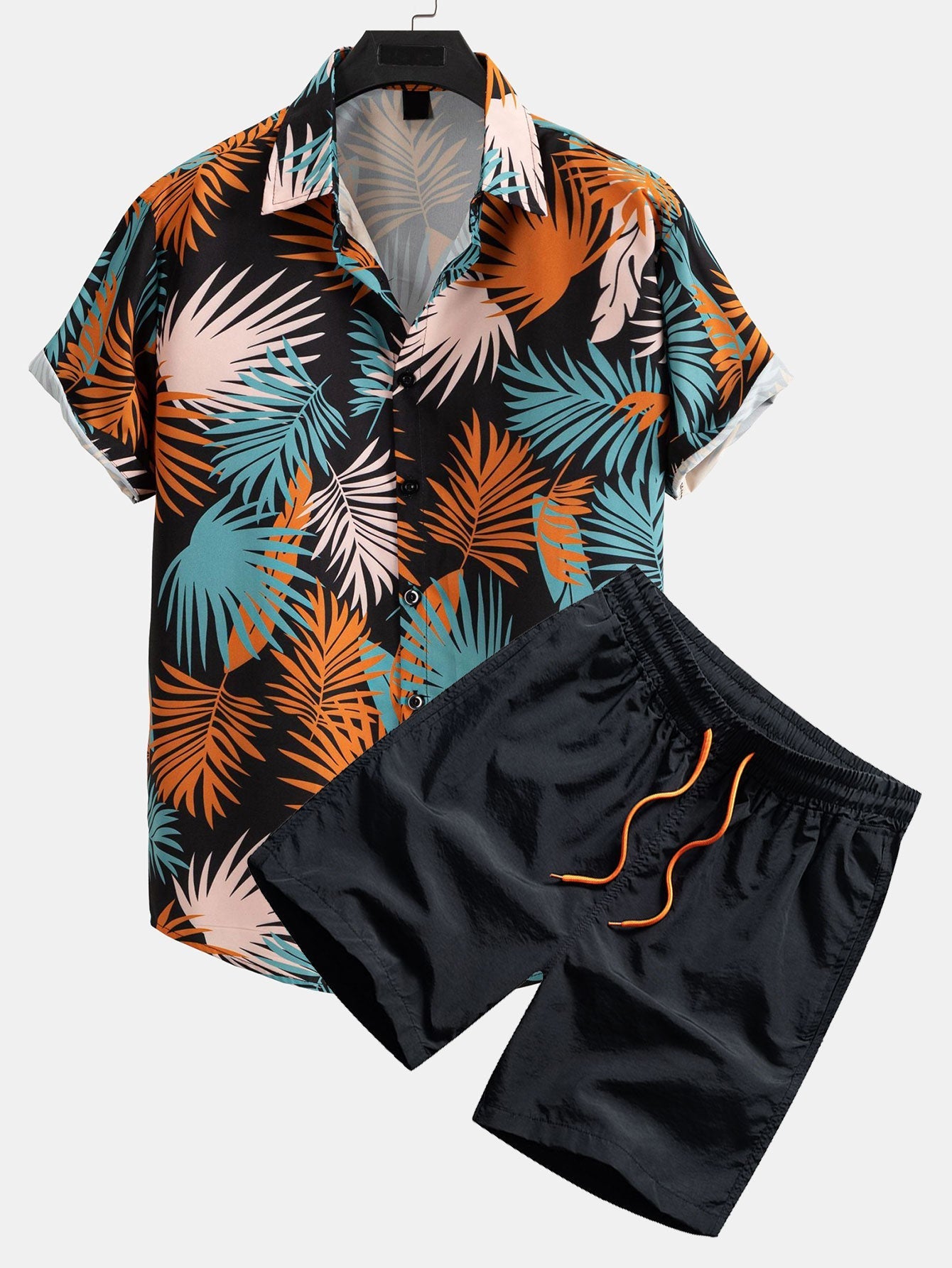 Leaf Print Button Up Shirt & Man Mid Length Drawstring Swim Shorts