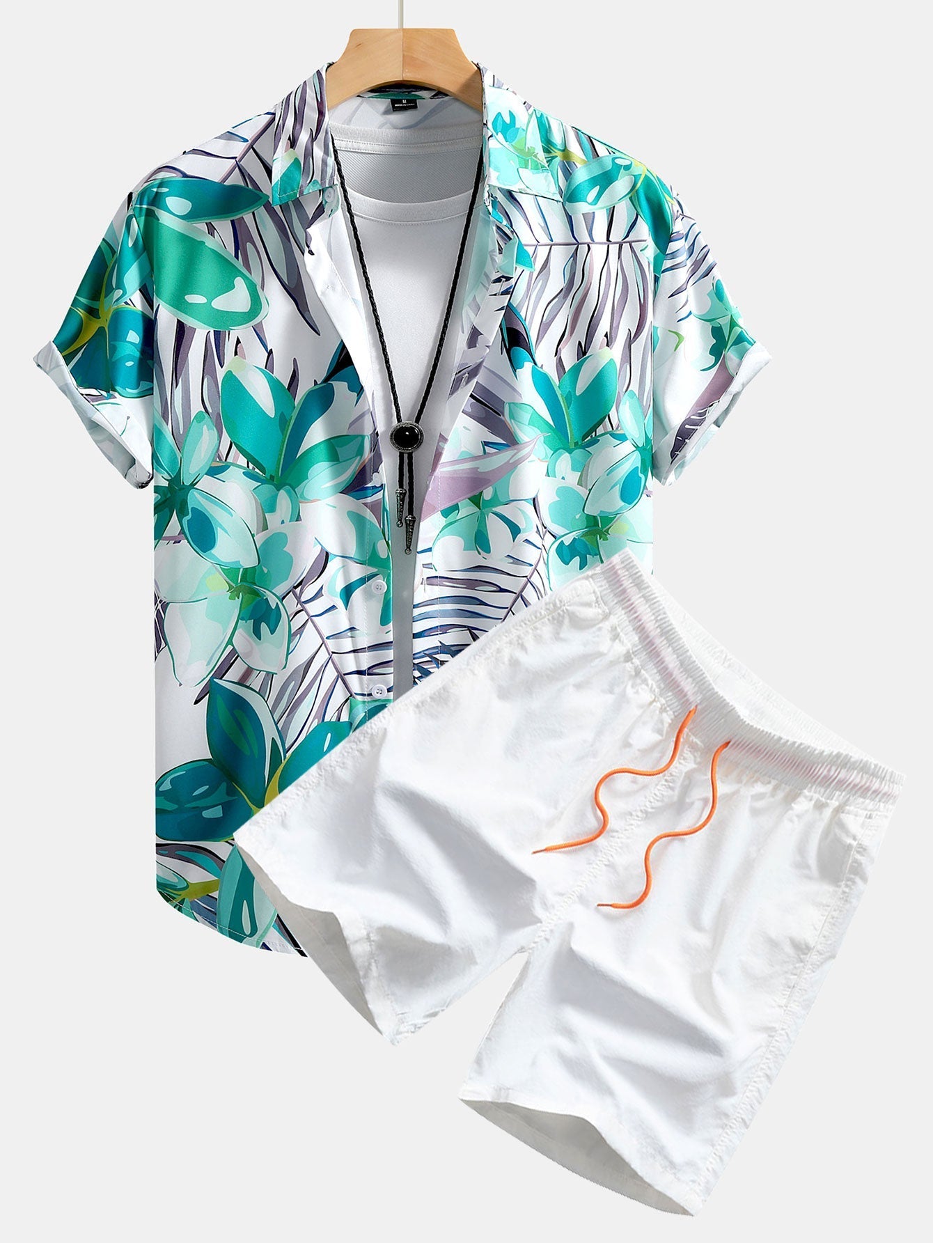 Flower Plants Print Button Up Shirt & Swim Shorts