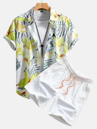 Flower Plants Print Button Up Shirt & Swim Shorts