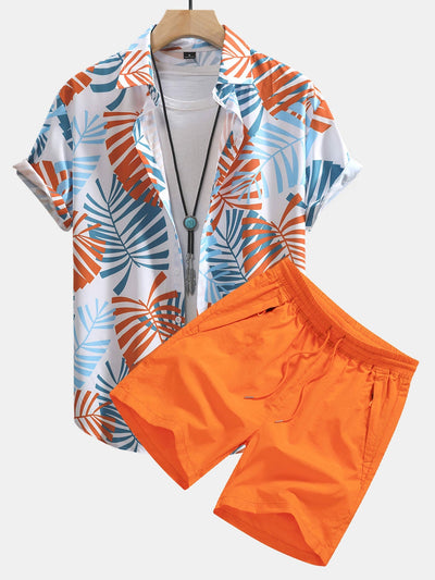 Leaf Print Button Up Shirt & Swim Shorts