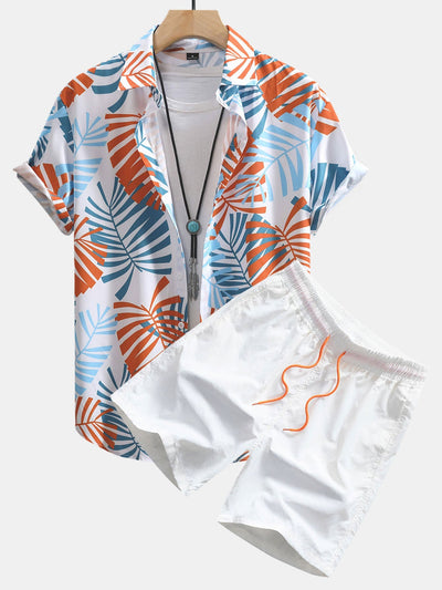 Leaf Print Button Up Shirt & Swim Shorts