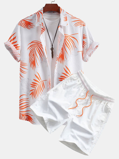 Leaf Print Button Up Shirt & Swim Shorts