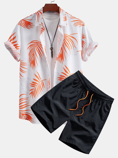 Leaf Print Button Up Shirt & Swim Shorts