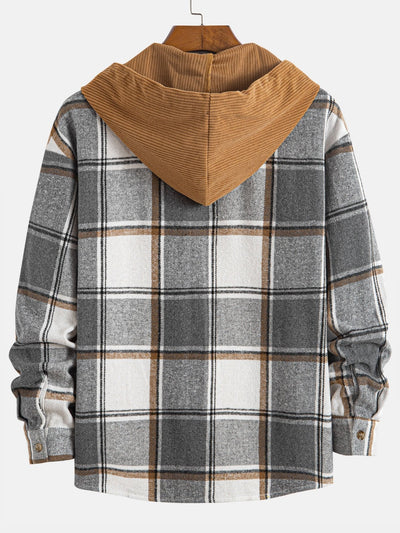 Relax Fit Contrast Corduroy Plaid Hooded Shirt