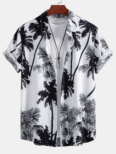 Palm Trees Print Button Up Shirt & Man Mid Length Drawstring Swim Shorts