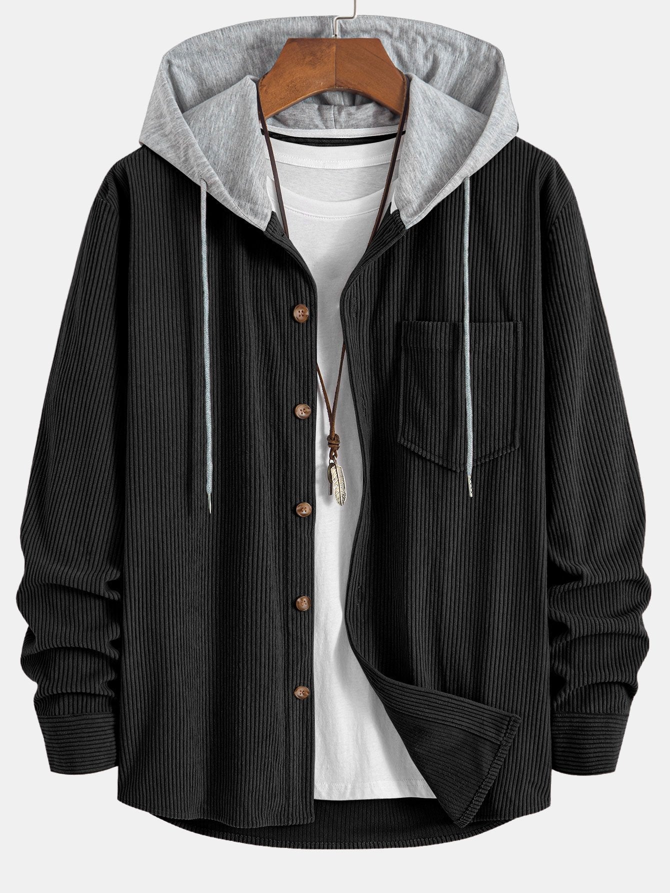 Contrast Corduroy Hooded Shirt