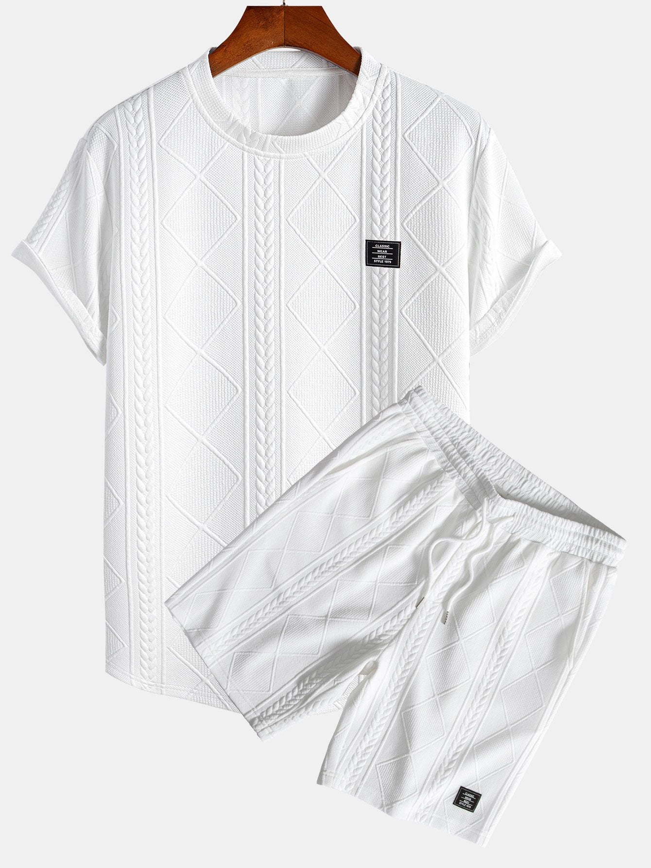 Short Sleeve Geometric Jacquard Arc Hem T-Shirt & Shorts