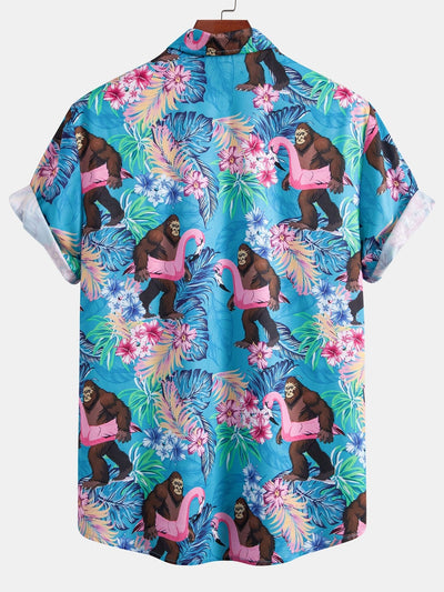 Tropical Plants And Orangutan Print Button Up Shirt & Swim Shorts