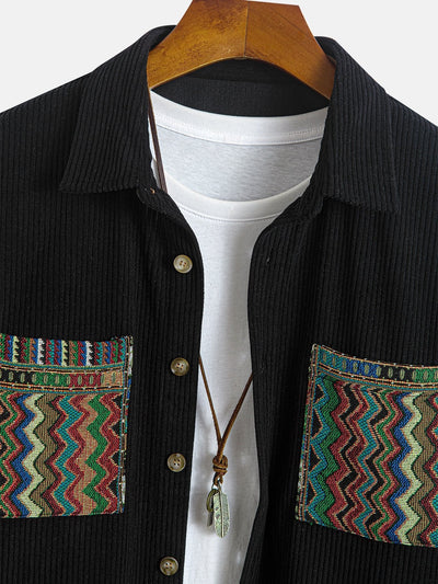 Relax Fit Ethnic Geometric Corduroy Patchwork Shirt # Random Pattern Design #