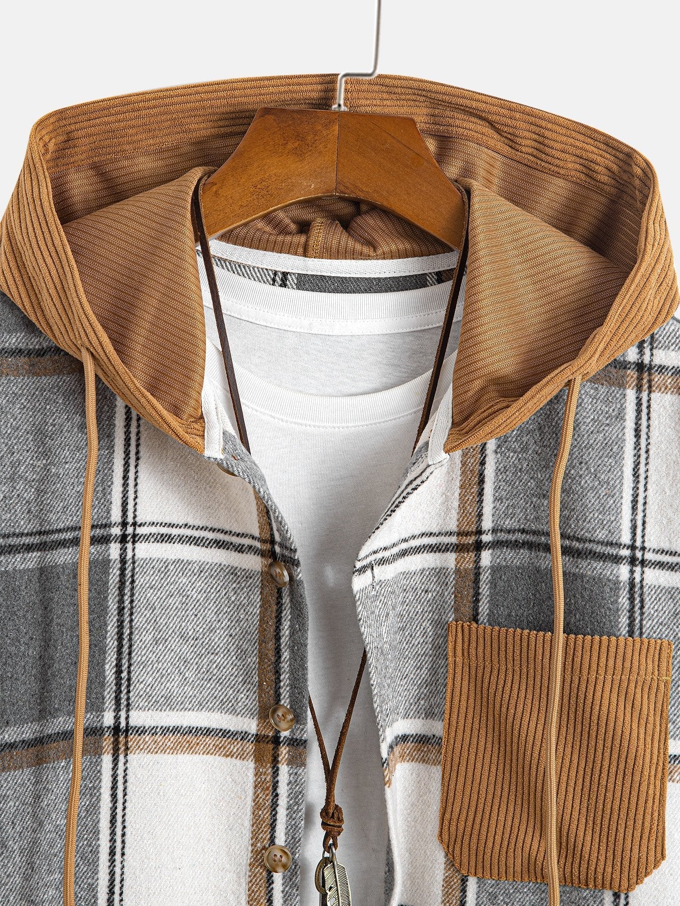 Relax Fit Contrast Corduroy Plaid Hooded Shirt