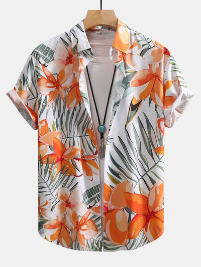 Flower Plants Print Button Up Shirt & Swim Shorts