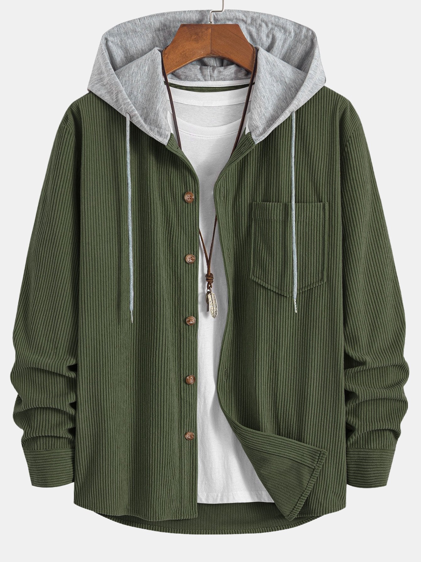 Contrast Corduroy Hooded Shirt