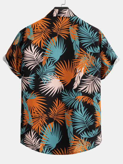 Leaf Print Button Up Shirt & Man Mid Length Drawstring Swim Shorts