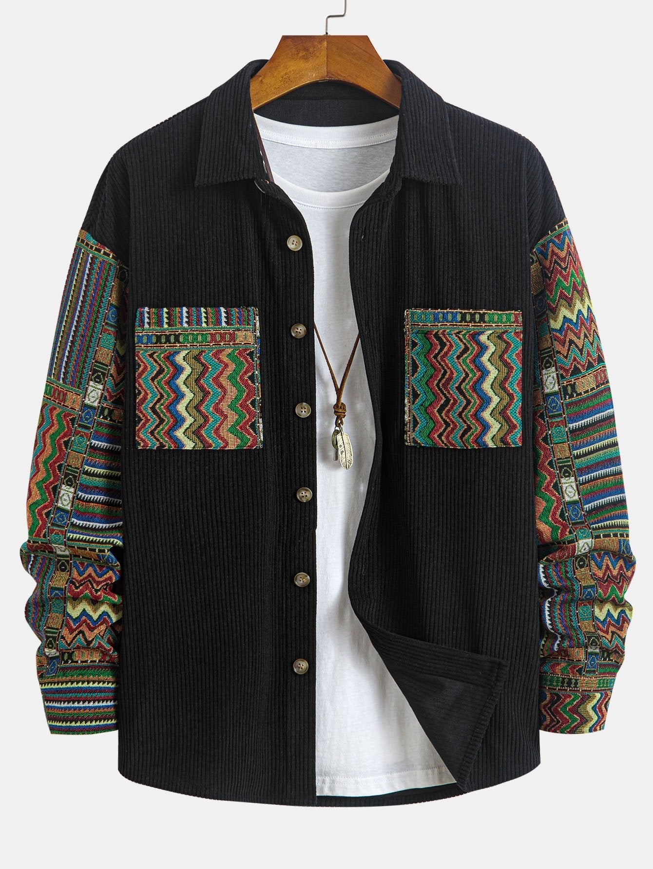 Relax Fit Ethnic Geometric Corduroy Patchwork Shirt # Random Pattern Design #