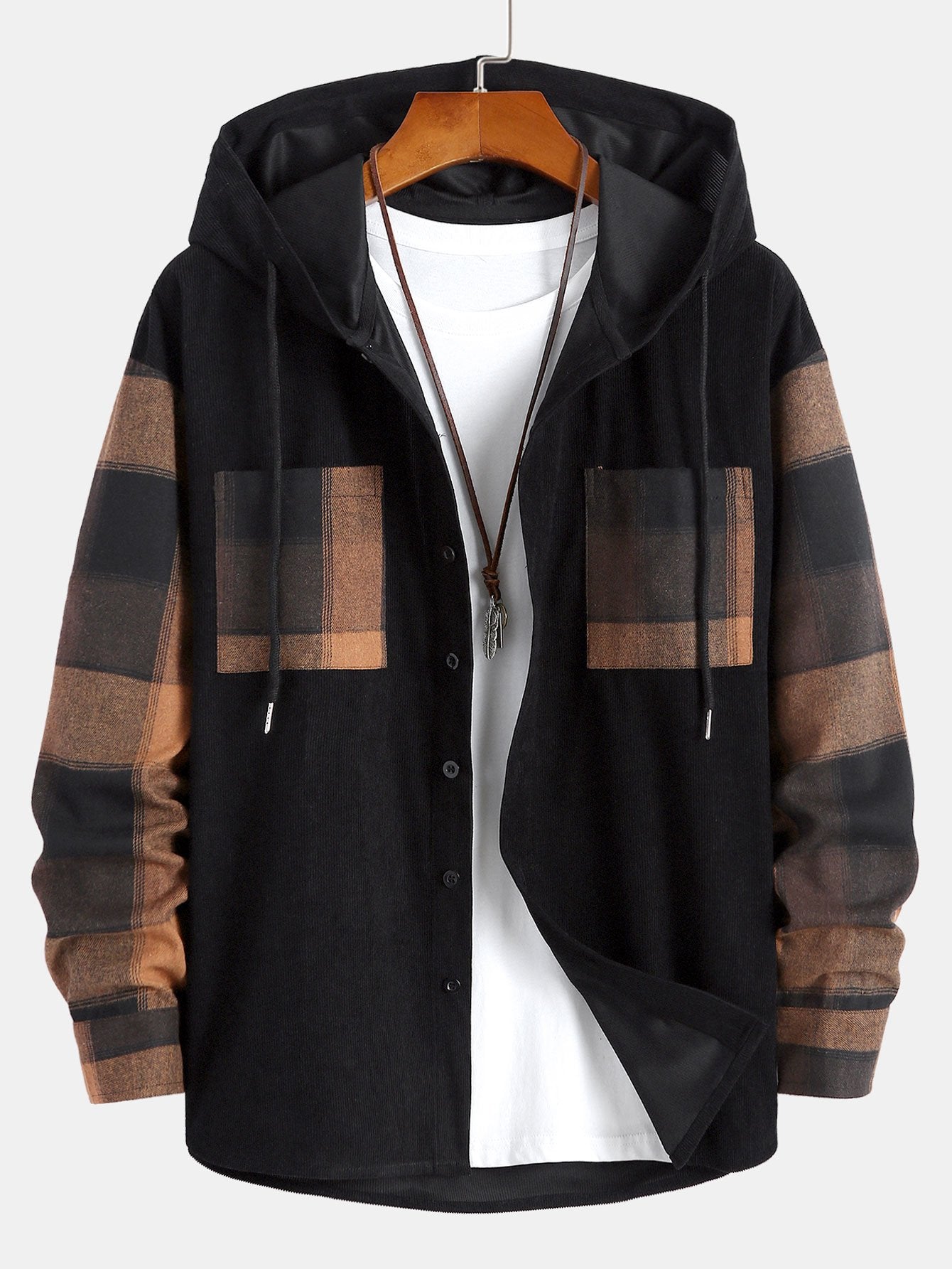 Relax Fit Plaid Corduroy Panel Hooded Shirt