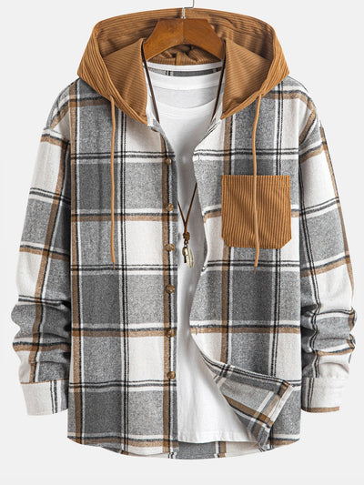 Relax Fit Contrast Corduroy Plaid Hooded Shirt