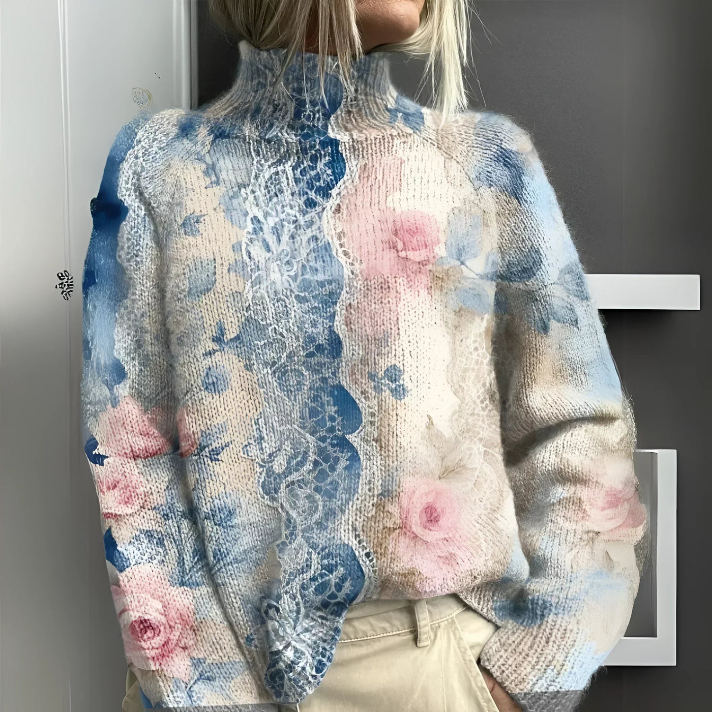 Ludovica | Roll Neck Sweater in Knit with Floral Lace